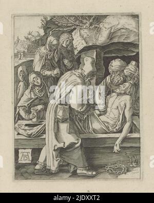 Entombment, The Little passion (titre de la série), Passio Christi AB Alberto Durer Nurenburgensi Effigiata (titre de la série), le corps du Christ est posé dans un tombeau. L'imprimé fait partie d'un album., imprimeur: Anonyme, après impression par: Albrecht Dürer, (mentionné sur l'objet), éditeur: Broer Jansz. (Den Haag), la Haye, 1610 - 1620, papier, gravure, hauteur 130 mm × largeur 100 mm Banque D'Images