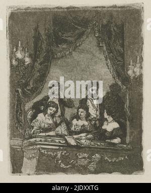 Theatre Lodge avec six personnages, Une compagnie dans un théâtre Lodge avec rideau et chandeliers. Trois femmes assises dont la gauche tient un ventilateur dans sa main. Derrière eux, trois hommes debout, le droit dans l'ombre., imprimerie: Henri François Schaefels, (attribué à), après dessin par: Henri François Schaefels, (attribué à), Anvers, c. 1837 - c. 1904, papier, gravure, hauteur 102 mm × largeur 82 mm Banque D'Images