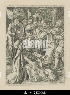 Capture du Christ, la petite passion (titre de la série), Passio Christi AB Alberto Durer Nurenburgensi Effigiata (titre de la série), le Christ est capturé par des soldats dans le jardin de Gethsemane. Judas l'embrasse sur la joue. Au premier plan, Peter Malchus coupe une oreille. L'imprimé fait partie d'un album., imprimeur: Anonyme, après impression par: Albrecht Dürer, (mentionné sur l'objet), éditeur: Broer Jansz. (Den Haag), la Haye, 1610 - 1620, papier, gravure, hauteur 130 mm × largeur 99 mm Banque D'Images