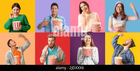 Groupe de jeunes avec pop-corn croquant sur fond coloré Banque D'Images