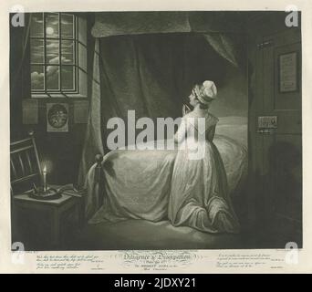 Femme de ménage modeste priant dans sa chambre, planche 4. La modeste fille dans la chambre (titre sur objet), vertu et débauche (titre de la série), diligence et dissipation (titre de la série sur objet), la femme de ménage modeste prie à côté de son lit, regardant la lune qui brille à travers la fenêtre. Sur une chaise et sur le mur sont édifiant des matériaux imprimés. L'imprimé fait partie d'un album., imprimerie: Thomas Hellyer, (mentionné sur l'objet), imprimerie: Thomas Gaugain, (mentionné sur l'objet), après peinture par: James Northcote, (mentionné sur l'objet), Londres, 1-mai-1796, papier, gravure, hauteur 465 mm × largeur 540 mm Banque D'Images