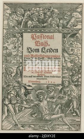 Page de titre Buch passional, page de titre du Buch passional avec cartouche au centre avec texte de titre. Ci-dessus, un groupe de prophètes comprenant le roi David à gauche et Moïse avec les tablettes de la Loi à droite. Dans la partie inférieure, Christ est cloué à la croix. A sa gauche et à sa droite, soldats romains et scribes., imprimerie: Lucas Cranach (I), après dessin de: Lucas Cranach (I), éditeur: Georg Rhau, Wittenberg, c. 1540, papier, hauteur 266 mm × largeur 165 mm Banque D'Images