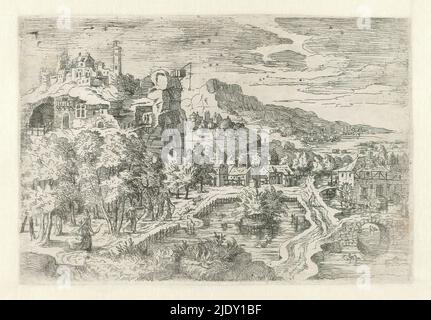 Paysage avec la chasse des femmes, grand paysage avec un rocher avec des cottages et des tourelles pittoresques sur la gauche. Une grue avec poulie est placée contre la face rocheuse. En face gauche une forêt avec plusieurs figures femelles sur la chasse (peut-être Diana et ses nymphes). Au centre se trouve un étang et à droite une petite rivière coule avec une ferme avec un moulin à eau sur la rive. A l'horizon, une chaîne de montagnes avec des chalets et des obélisques., imprimerie: Battista Angolo del Moro, (attribué à), Italie, c. 1550 - c. 1570, papier, gravure, hauteur 185 mm × largeur 270 mm Banque D'Images