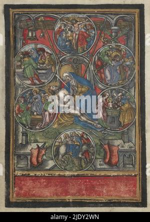 Sept Sorrows de Marie, les sept Sorrows de Marie. Au centre, Marie en tant que Mater Dolorosa, pleurant son fils mort sur ses genoux. Sur le sol sont la couronne des épines et des ongles. Autour de cette représentation, six médaillons avec les six autres sortons de Marie. Dans le sens des aiguilles d'une montre à partir du haut : crucifixion, transport de la Croix, circoncision du Christ, vol en Égypte, Jésus de 12 ans dans le Temple et Entombment. Cet imprimé fait partie d'un livre de prière manuscrit., imprimeur: Monogrammist S (16e euw), pays-Bas du Sud, 1516 - 1545, papier, gravure, hauteur 149 mm × largeur 105 mm Banque D'Images