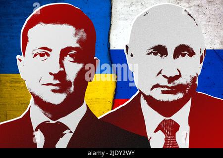 Volodymyr Zelensky, Vladimir Poutine, drapeau ukrainien et drapeau russe Banque D'Images