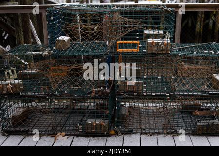 Casiers à homard empilés sur un quai sur la côte du Maine. Parc national Acadia Banque D'Images