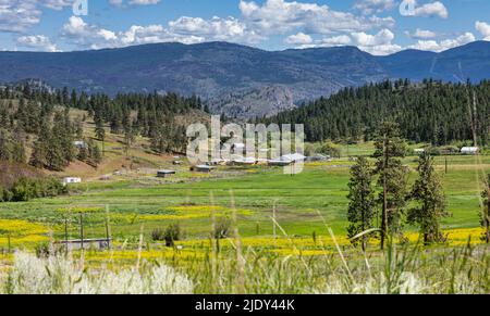 Un petit village dans la belle vallée au milieu des montagnes. Vue de dessus d'un petit village dans la vallée verte parmi les montagnes sous ciel bleu au Canada. trav Banque D'Images