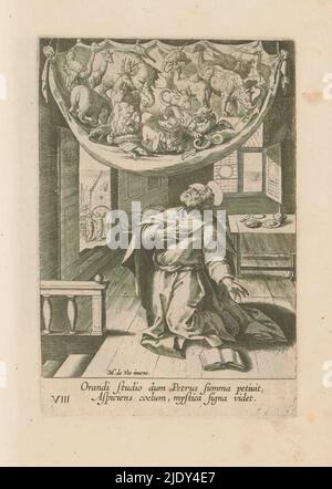 La vision de Pierre des animaux impropres, actes des Apôtres (titre de la série), Simon Pierre priant dans la maison de Simon le Tanner. Au-dessus de lui apparaît une feuille avec toutes sortes d'animaux impropres. Numéroté en bas à gauche: VIII Ci-dessous, dans la marge, une légende à deux lignes en latin. Partie d'une série de douze représentations des actes des Apôtres. Partie d'un album de représentations principalement chrétiennes., imprimerie: Anonyme, après conception par: Maerten de Vos, (mentionné sur l'objet), éditeur: Frederik de Wit, après conception par: Anvers, éditeur: Amsterdam, 1580 - 1585 et/ou 1654, papier, gravure, Banque D'Images