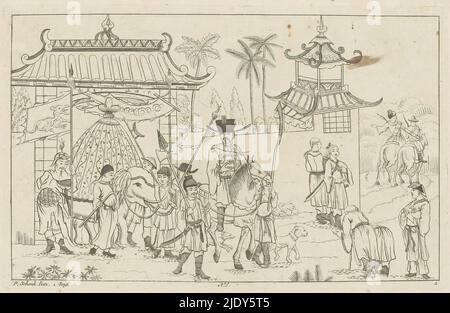 prince chinois en procession à travers une porte, des scènes de chasse chinoises (titre de la série), Nieuwe geinventeerde Sineesen, rencontré groote moeyte gegeeekent en 't Ligt gegeven, porte P: Schenk Jun (...), derde deel (titre de la série), Un prince chinois ou gentleman à cheval en procession à travers une porte. Derrière lui, un éléphant est transporté. À droite, les gens se plient à l'homme à cheval. Centre inférieur numéroté : 6. L'imprimé fait partie d'un album., imprimerie: Pieter Schenk (II), après conception par: Pieter Schenk (II), éditeur: Pieter Schenk (II), (mentionné sur l'objet), Amsterdam, 1727 - 1775, papier, etchin Banque D'Images