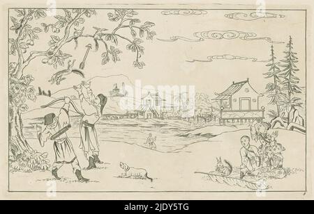 Paysage chinois avec chasse à l'écureuil, scènes de chasse chinoises (titre de la série), Nieuwe geinventeerde Sineesen, rencontré groote moeyte gegeeekent en 't Ligt geégeven, porte P: Schenk Jun (...), troisième partie (titre de la série), paysage chinois avec des hommes chassant des écureuils. L'imprimé fait partie d'un album., imprimerie: Pieter Schenk (II), après la conception par: Pieter Schenk (II), éditeur: Pieter Schenk (II), Amsterdam, 1727 - 1775, papier, gravure, hauteur 162 mm × largeur 255 mm Banque D'Images
