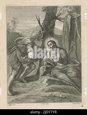 La tentation du Christ dans le désert, le Christ rapide dans le désert. Il est visité par le diable sous l'apparence d'un jeune homme, qui lui offre des pierres. Cet imprimé fait partie d'un album., imprimeur: Peter van Liesebetten, (mentionné sur l'objet), après peinture par: Jacopo Tintoretto, (mentionné sur l'objet), éditeur: David Teniers (II), imprimeur: Anvers, après peinture par: Italie, éditeur: Bruxelles, 1660, papier, gravure, gravure gravure, hauteur 237 mm × largeur 179 mm Banque D'Images