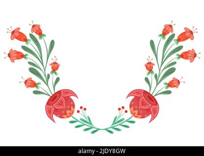 Couronne de tulipes et de bluecloches à vecteur traditionnel avec art folklorique. Cadre floral avec ornements pour les invitations. Bordure naturelle pour cartes postales Illustration de Vecteur