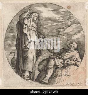 Confort religieux un vieil homme pauvre, Une femme portant un châle (personnification de la religion), prend un vieil homme pauvre assis à la main. De son autre côté, elle pointe vers le haut., imprimeur: Battista Franco, (mentionné sur l'objet), Italie, 1520 - 1561, papier, gravure, hauteur 195 mm × largeur 191 mm Banque D'Images