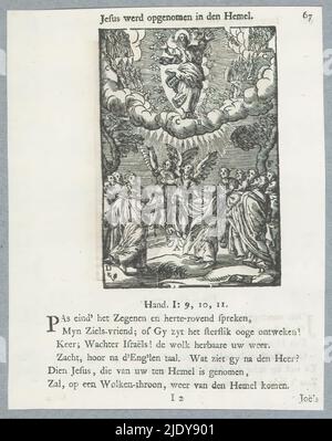 Ascension du Christ, Jésus a été pris dans le ciel (titre sur objet), le Christ, avec les mains levées, est pris dans le ciel. Ses disciples regardent en merveille. Deux anges les regardent. Divers éléments de la scène sont accompagnés de lettres. Au-dessus de l'image se trouve un titre. Au-dessous, il y a six versets et une référence à actes 1: 9-11. L'imprimé fait partie d'un album., imprimerie: Christoffel van Sichem (II), (mentionné sur l'objet), après impression par: Johannes Wierix, après conception par: Bernardino Passeri, imprimerie: Amsterdam, après impression par: Anvers, éditeur: Amsterdam, 1629 et/ou 1740, papier, letterpr Banque D'Images