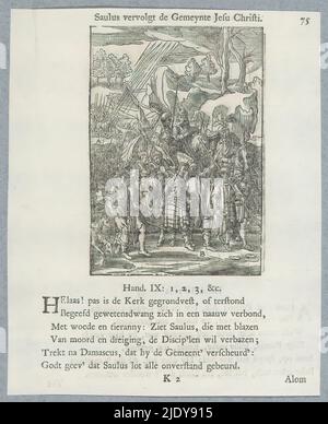 Conversion de Paul, Saül persécute la congrégation Jesu Christi (titre sur objet), en arrière-plan, Saül est jeté de son cheval par un faisceau de lumière et se trouve sur le sol. Le aveugle Saül est escorté par des soldats à Damas, où il se convertit au christianisme et adopte le nom de Paul. Il y a des lettres près de divers éléments de la scène. Au-dessus de la scène se trouve un titre. Au-dessous, il y a six versets et une référence à actes 9: 1-3. L'imprimé fait partie d'un album., imprimeur: Christoffel van Sichem (II), (mentionné sur l'objet), imprimeur: Christoffel van Sichem (III), (mentionné sur l'objet), après prin Banque D'Images