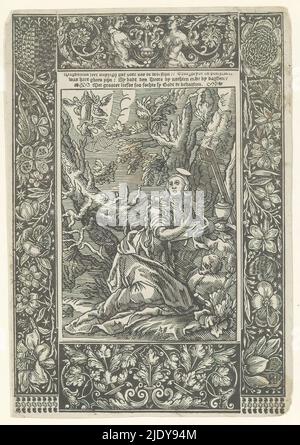 La pénitence de Sainte Mary Magdalene, Mary Magdalene s'agenouille d'un arbre. Elle tient un livre ouvert. Devant elle se trouve un pot de pommade et un crucifix. Au genou se trouve un crâne. Dans la distance son ascension est représentée. Avec cadre en quatre parties composé de motifs floraux. Au-dessus de l'image trois lignes de texte: Magdalena seer vuyrigh ... L'imprimé fait partie d'un album., imprimerie: Christoffel van Sichem (II), après impression par: Willem Isaacsz. Van Swanenburg, après conception par: Abraham Bloemaert, Amsterdam, 1589 - 1659, papier, impression typographique, hauteur 167 mm × largeur 114 mm Banque D'Images