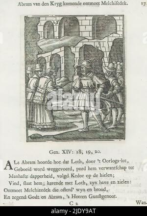 Rencontre d'Abraham avec Melchisédek, Abram du kryg venant rencontre Melchisédek (titre sur objet), Abraham et ses hommes sont accueillis par Melchisédek, roi et grand prêtre de Salem. Melchisédek propose du pain et du vin Ambraham. Au-dessus de la scène un titre. En dessous de lui six versets et une référence à Genèse 14: 18-20. L'imprimé fait partie d'un album., imprimeur: Christoffel van Sichem (II), (mentionné sur l'objet), imprimeur: Christoffel van Sichem (III), (mentionné sur l'objet), éditeur: Jan Klooster, Amsterdam, c. 1645 - c. 1646 et/ou 1740, papier, impression typographique, hauteur 101 mm × largeur 79 mm, h Banque D'Images