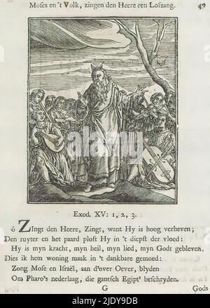 Moïse et les Israélites élèvent une chanson d'action de grâce, Moïse et le peuple chantent un hymne de louange au Seigneur (titre sur objet), les Israélites, après avoir traversé la Mer Rouge en toute sécurité, élèvent une chanson d'action de grâce. Moïse est parmi un groupe de personnes avec des instruments de musique. Au-dessus de la scène se trouve un titre. Ci-dessous, six versets et une référence à Exode 15: 1-3. L'imprimé fait partie d'un album., imprimeur: Christoffel van Sichem (II), (mentionné sur l'objet), imprimeur: Christoffel van Sichem (III), (mentionné sur l'objet), éditeur: Jan Klooster, Amsterdam, 1645 - 1646 et/ou 1740, papier, letterpr Banque D'Images