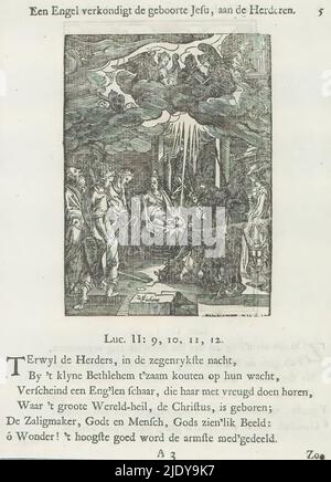 Adoration par les bergers, un ange proclame la naissance de Jesu, aux bergers (titre sur objet), les bergers adorent l'enfant Christ. Marie se tient près du mangeur. Sur les nuages, des anges jouent de la musique. Au-dessus de l'image se trouve un titre. Vous trouverez ci-dessous six versets et une référence à Luc 2: 9-12. L'imprimé fait partie d'un album., imprimeur: Christoffel van Sichem (II), (mentionné sur l'objet), imprimeur: Christoffel van Sichem (III), (mentionné sur l'objet), après impression par: Jan Harmensz. Muller, Amsterdam, 1629 - 1648 et/ou 1740, papier, impression typographique, hauteur 112 mm × largeur 75 mm, hauteur 168 mm × largeur Banque D'Images