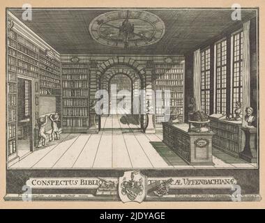 Bibliothèque de Zacharias Conrad von Uffenbach, page de titre pour : Bibliotheca Uffenbachiana Universalis, 1729, Conspectus Bibliothecae Uffenbachianae (titre sur objet), intérieur de la bibliothèque de Zacharias Conrad von Uffenbach à Francfort-sur-le-main. La bibliothèque se compose de plusieurs chambres. Dans la salle d'avant, deux globes se trouvent sur un placard avec des portefeuilles inclinables; un compteur de direction du vent est suspendu au plafond. Sur la gauche, deux putti ajustent une étagère. Une partie de la roue de lecture peut être vue dans une pièce adjacente. Ci-dessous, les armoiries de Von Uffenbach avec une pile de livres et un ensemble de tiges., imprimeur: Johann FR Banque D'Images