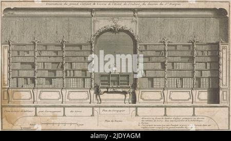 Bibliothèque de l'Hôtel de Soubise à Paris, décoration du grand Cabinet de livres de l'Hôtel de Soubise, du sein du Sr Harpin (titre sur objet), conception et plan de la bibliothèque de l'Hôtel Soubise avec une alcôve au milieu avec un bureau., imprimerie: Anonyme, après dessin par: Louis Harpin, (mentionné sur objet), éditeur: Jean Mariette, (mentionné sur objet), Paris, c. 1735 - c. 1745, papier, gravure, hauteur 198 mm × largeur 344 mm Banque D'Images