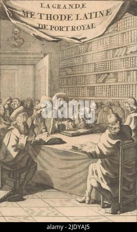 Les hommes dans une bibliothèque, page de titre pour: Claude Lancelot, Nouvelle méthode ((...)) pour l'apprentissage des installations la langue Latine, 1696, salle surpeuplée avec une bibliothèque le long d'un mur et un buste de Homer au-dessus de la porte. Autour de la table assis et debout des hommes discutant de quelques livres ouverts., imprimeur: Anonyme, éditeur: Weduwe Sébastien Mabre-Cramoisy, Paris, 1696, papier, gravure, gravure, hauteur 174 mm × largeur 105 mm Banque D'Images