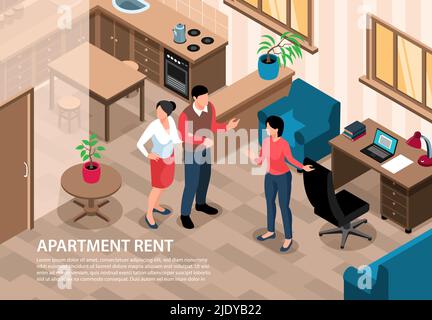 Isométrique immobilier horizontal arrière-plan intérieur avec des meubles et des personnages de l'agent et des clients illustration vectorielle Illustration de Vecteur