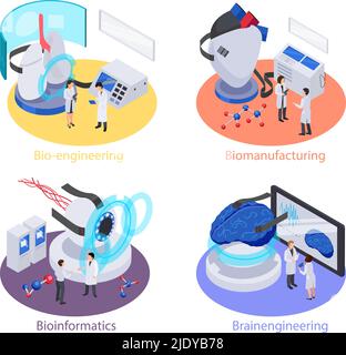 Future technologie isométrique 4x1 jeu de compositions isolées avec des personnes appareils futuristes équipement de laboratoire et illustration de vecteur de texte Illustration de Vecteur