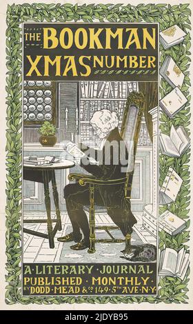 Projet de loi publicitaire pour un numéro de Noël du magazine Bookman, derrière une table, un homme en vêtements du XVIIIe siècle lit dans une chaise haute. En arrière-plan se trouve une bibliothèque. Au premier plan, un chat est en veille. Dans un cadre composé de mistletoe avec sept livres sur la droite., imprimeur: Anonyme, après la conception par: Louis John Rhead, (mentionné sur l'objet), éditeur: Mead and Company Dodd, (éventuellement), New York (ville), 1895 - 1918, papier, hauteur 517 mm × largeur 323 mm Banque D'Images