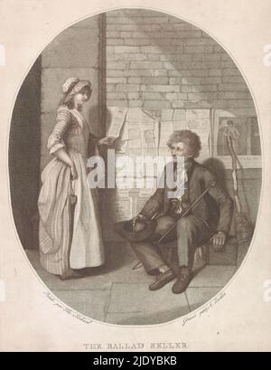 Une jeune femme et un vendeur de chansons, le vendeur de ballade (titre sur objet), dans la rue est assis un vendeur de chansons avec son chapeau dans les mains et une canne penchée contre sa jambe. Derrière lui, son stock de chansons est suspendu au mur. Une jeune femme regarde une des chansons. À côté du vendeur de chanson, un balai s'appuie contre une impression avec un portrait., imprimeur: Antonio Zecchin, (mentionné sur l'objet), après peinture par: Thomas Stothard, (mentionné sur l'objet), après peinture par: Henry Walton, (éventuellement), Venise, 1795, papier, gravure, hauteur 345 mm × largeur 262 mm Banque D'Images