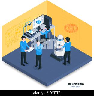 Composition d'impression isométrique 3D avec vue intérieure de la salle avec logiciel de modélisation et illustration de vecteur matériel contrôlé par l'homme Illustration de Vecteur