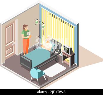 Dépression anxiété trouble de stress aigu composition isométrique avec visiteur amenant des fleurs à l'illustration vectorielle du patient hospitalisé Illustration de Vecteur