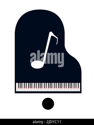 Vue de dessus abstraite d'un piano à queue noir et d'un tabouret sur fond blanc avec une grande note musicale Banque D'Images