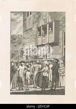 Brûlage de de Post van de Neder-Rhijn sur un échafaudage devant l'hôtel de ville d'Arnhem sur 22 avril 1786, exécution criminelle à la poste v.d. Neder-Rhijn à Arnhem, den 22 avril 1786, exécution publique en brûlant par un bourreau d'un exemplaire du magazine patriote de Post van den Neder-Rhijn, sur un échafaudage devant l'ancien hôtel de ville d'Arnhem, 22 avril 1786. Action des opposants au magazine condamnant la libération du caporal de Douglas accusé de meurtre., imprimerie: Jan Lucas van der Beek, après dessin de: Jacobus van Meurs, Amsterdam, 1786, papier, gravure, hauteur 197 mm × largeur 116 mm Banque D'Images