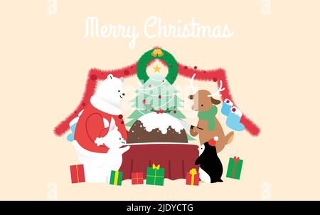 Animaux d'hiver fête de Noël célébration illustration vectorielle. Carte ou bannière de Noël de saison. Illustration de Vecteur