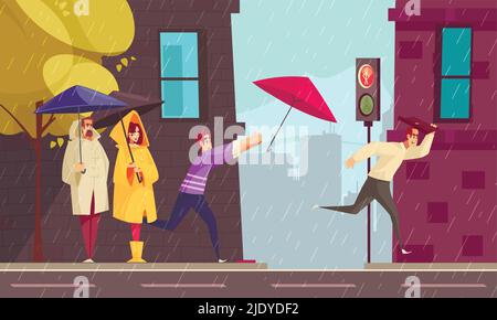 Mauvais temps pluvieux en ville composition plate avec des gens en imperméable sous les parasols à l'illustration de vecteur de crossroad Illustration de Vecteur