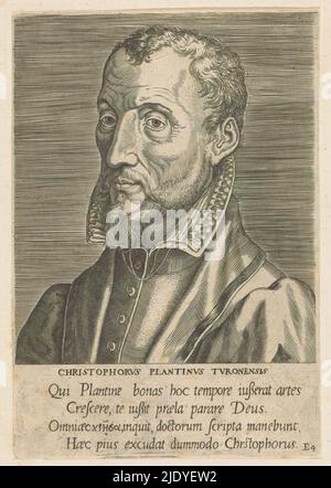 Portrait de Christopher Plantin, Christophorus Plantinus Turonensis (titre sur objet), Portraits de savants européens célèbres (titre de la série), Vicorum doctorum de disciplinis benemerentium effigies (titre de la série), Portrait de Christopher Plantin, imprimeur et éditeur à Anvers. Buste à gauche. Numéro E4. L'imprimé a une légende latine et fait partie d'une série de célèbres érudits européens., Imprimeur: Philips Galle, Benedictus Arias Montanus, éditeur: Philips Galle, Anvers, 1572, papier, gravure, hauteur 177 mm × largeur 122 mm Banque D'Images