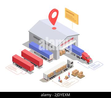 Composition isométrique avec camions et conteneurs près de l'entrepôt et les travailleurs chargeant du fret illustration vectorielle 3D Illustration de Vecteur