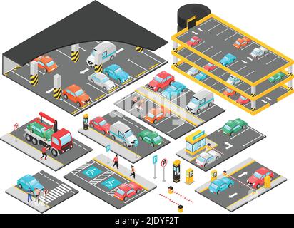 Ensemble de stationnement de voiture isométrique souterrain à plusieurs niveaux avec éléments de construction isolés pour les niveaux de stationnement avec illustration vectorielle de voitures Illustration de Vecteur