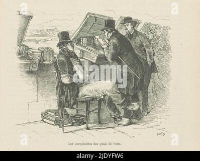 Libraire sur un quai à Paris, les bouquinistes des quais de Paris (titre sur objet), texte sur verso., Imprimeur: Louis Ernest Lesage, (mentionné sur objet), 1873 - 1878, papier, hauteur 136 mm × largeur 185 mm Banque D'Images