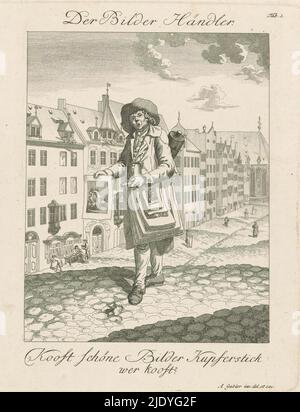 Vendeur d'impression itinérant, Der Bilder Händler (titre sur objet), vendeurs de rue à Nuremberg (titre de la série), Ausrufende Personen à Nuremberg mit Prospecten der Stadt (titre de la série), Street View montrant un vendeur d'impression tenant un imprimé avec sa main droite. Dans sa main droite, il porte une pile de tirages sur un bâton et sur son dos un rouleau est attaché. En arrière-plan, un autre distributeur d'impression peut être vu qui a suspendu ses impressions contre un mur sous une verrière. Numéroté dans le coin supérieur droit : onglet. 1., Imprimeur: Ambrosius Gabler, (mentionné sur l'objet), d'après son propre dessin par: Ambrosius Gabler, (mentionné sur Banque D'Images