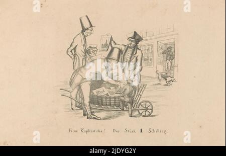 Vendeur d'imprimés vendant des tirages à partir d'une brouette, Feine Kupferstiche! DAS Stück 1 Schilling (titre sur objet), trois hommes voient les offres d'un vendeur d'imprimés vendant ses imprimés à partir d'une brouette. À côté de la brouette se trouve une très petite figure, peut-être un enfant ou un nain. En arrière-plan, un chien urinate devant une imprimerie dont le propriétaire se tient à la porte avec un long tuyau dans sa bouche., imprimeur: Anonyme, c. 1800 - c. 1850, papier, hauteur 230 mm × largeur 345 mm Banque D'Images