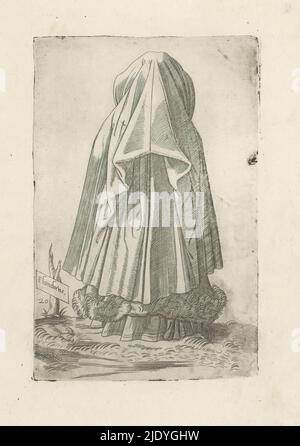 Femme de Flandre, large manteau au-dessus de la tête., Flandrens (titre sur l'objet), Omnium fere gentium nostrae aetatis habitus, nunquam ante hac aediti (titre de la série), femme de Flandre vue du dos, vêtue d'une robe longue avec garniture en fourrure, sur laquelle le manteau tombe au-dessus de la tête. Partie du livre de costume intitulé 'Omnium fere gentium nostrae aetatis habitus, nunquam ante hac aediti', Venise 1569. Réédition de 1569 de la première édition de 1563., imprimerie: Ferando Bertelli, après impression par: ENEA Vico, éditeur: Ferando Bertelli, Venise, 1569, Deze prent in tweevoud ingebo, :, gravure, hauteur 265 mm Banque D'Images