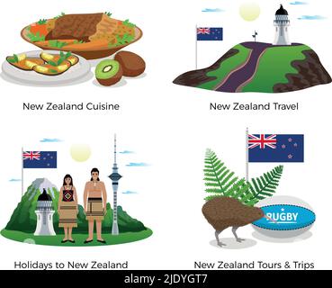 Icônes du concept touristique de la Nouvelle-Zélande avec des symboles de cuisine et de sport illustration vectorielle isolée plate Illustration de Vecteur