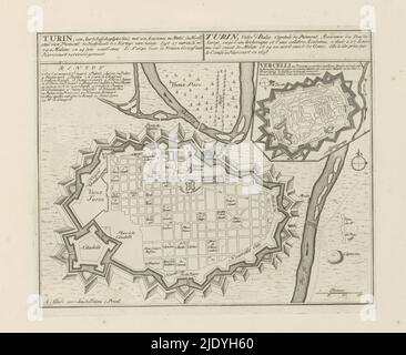 Carte de Turin, Turin, une ville archiepiscopale avec une académie en Italie (...) (Titre sur objet), les Principales Forteresses et les Villes Fortes, d'Espagne, de France, d'Italie, de Savoie, d'Allemagne et des Païs-Bas (. ..) / Naaukeurige afbeeldingen der Voornaam Sterke Steden en Vestingen in Spanjen, Vrankryk, Italien, Savoyen, Duytsland en Nederlanden (...) (Titre de la série), carte de Turin, avec une photo de la ville de Vercelli dans le coin supérieur droit. Texte en néerlandais et français. L'imprimé fait partie d'un album., imprimeur: Abraham Allard, imprimeur: Carel Allard, éditeur: Carel Allard, (mentionné sur Banque D'Images