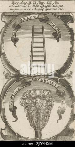 Échelle au ciel / plumes d'autruche, selon Gradus Velox / VI Nulia Invertitur Ordo (titre sur objet), Symbola Divina et Humana Pontificum Imperatorum Regum (titre de série), un emblème avec deux représentations. Au-dessus d'une échelle élevée au ciel. En dessous d'un bouquet de plumes d'autruche. Ce sont des mottos de Henry I et Stephen d'Angleterre., imprimeur: Anonyme, après impression par: Aegidius Sadeler (II), 1666, papier, gravure, impression typographique, hauteur 117 mm × largeur 64 mm Banque D'Images