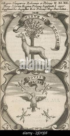 Chien près d'un arbre / oiseau de proie avec branche de palmier entouré par des éclairs, Nisun mi Tocchi / Jovis Sacer (titre sur objet), Symbola Divina et Humana Pontificum Imperatorum Regum (titre de série), un emblème avec deux représentations. Au-dessus d'un chien devant un arbre. Au-dessous d'un oiseau de proie avec une branche de plume ou de paume et autour de lui quatre éclairs de Jupiter. Ce sont des mottos de Bona Sforza, épouse de Sigismund I de Pologne, et Sigismund II Augustus., imprimerie: Anonyme, après impression par: Aegidius Sadeler (II), 1666, papier, gravure, impression typographique, hauteur 116 mm × largeur 64 mm Banque D'Images