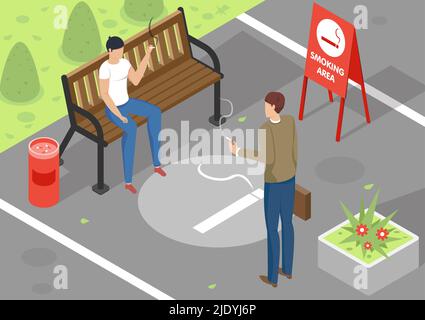 Deux personnes fument dans une zone spéciale à l'extérieur 3D illustration vectorielle isométrique Illustration de Vecteur