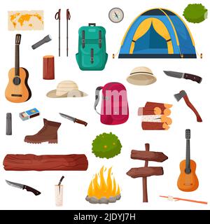 Camping et randonnée. Collection d'outils de voyage pour le camp d'été pour la survie dans la nature, tente, sac à dos, carte, hache, feu de camp et autres équipements de camping. Illustration de Vecteur