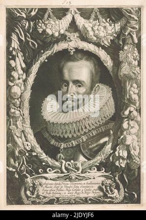 Portrait d'Ambrogio Spinola, Ferdinandus IIus et IIIus Imperatorum Domus Austriacae (titre de la série), Portrait d'Ambrogio Spinola. Le portrait est encadré dans un cadre ornemental avec des guirlandes de fruits. Bas cartouche centre avec son nom et son titre en latin., imprimerie: Jacob Louys, (mentionné sur l'objet), imprimerie: Pieter Claesz. Soutman, (attribué à), après avoir dessiné par: Pieter Claesz. Soutman, (mentionné sur l'objet), Haarlem, 1644 - 1650, papier, gravure, gravure, hauteur 405 mm × largeur 281 mm Banque D'Images